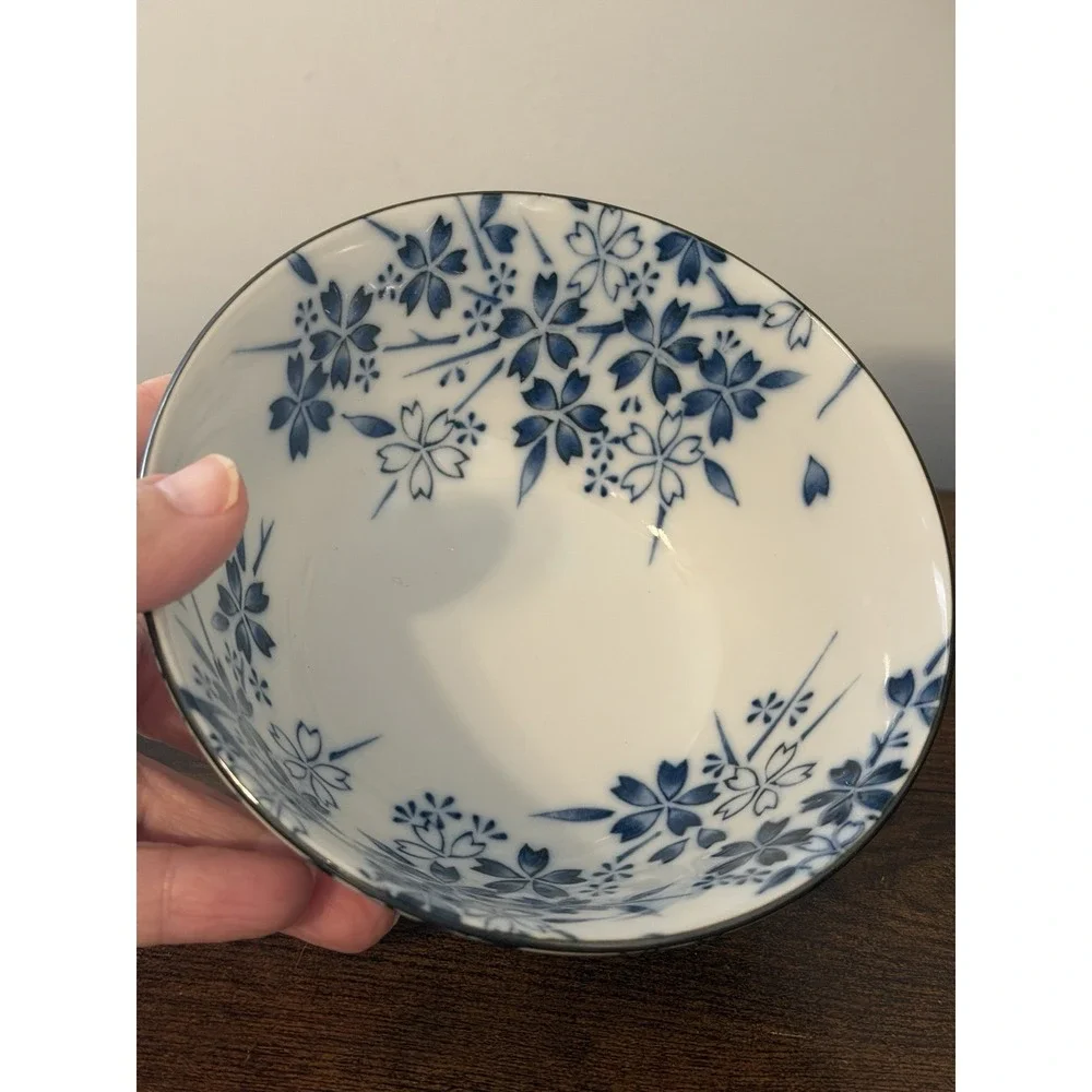 EDO Japan Blue White Floral Porcelain Rice Bowl Silver Tone Rim 5.25